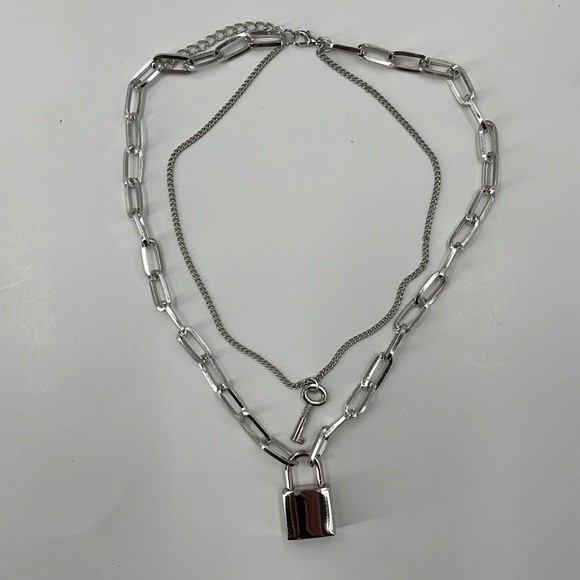 Silver Lock Key Link Double Layer Necklace - Picture 2 of 3